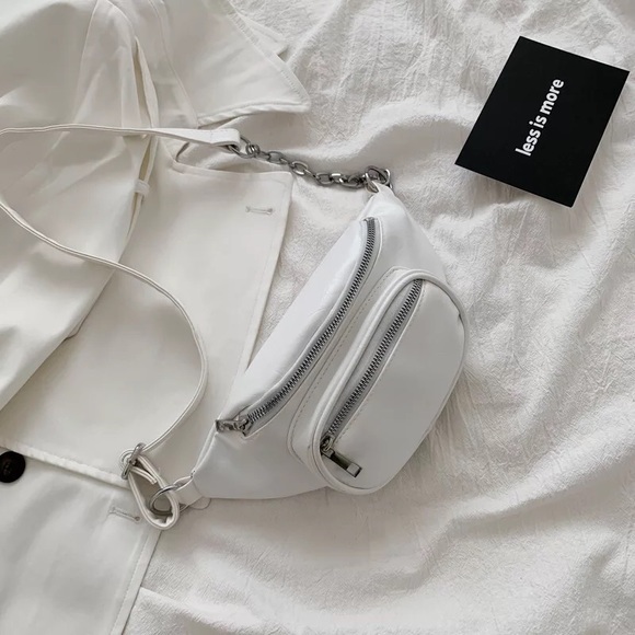 Fanny pack bag crossbody waist adjustable 2 pocket zipper chain bags white black - Picture 9 of 13